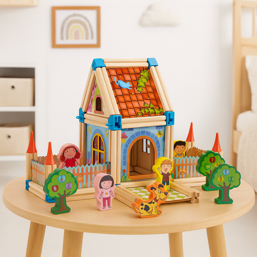 Set constructie din lemn cu 268 piese pentru copii, Micul Arhitect, Educativ si interactiv