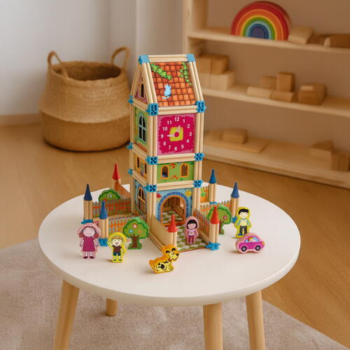 Set constructie din lemn cu 268 piese pentru copii, Micul Arhitect, Educativ si interactiv