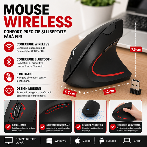 Mouse Ergonomic, Mouse Vertical Wireless Bluetooth (Bt 5.0 + Bt 3.0 + 2.4G), 3 Niveluri De Ajustare Pana La 1200 Dpi, Mouse Wireless Optic Silentios Pentru Laptop/Pc/Mac/Tableta/Ipad (Win/Android/Ios), 6 Butoane