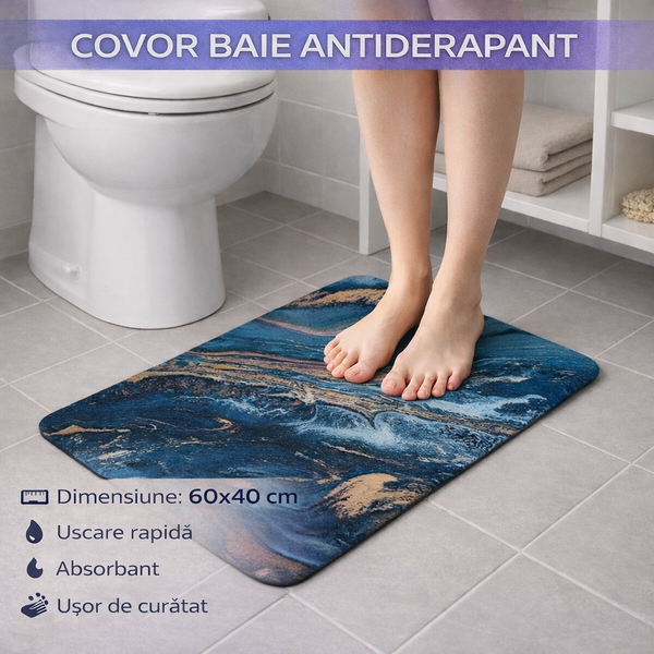 Covoras de baie antiderapant, Absorbant,  Uscare rapida, Din spuma poliuretanica si microfibra moale, Covor modern pentru dus, Cada, Lavoar sau toaleta, Albastru, 60 x 40 cm