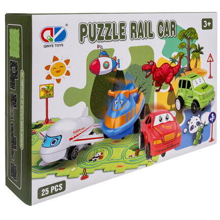 Set 25 piese cu masinuta, traseu puzzle racer, jucarie interactiva cu desene din mare, semne de circulatie si combinatii multiple