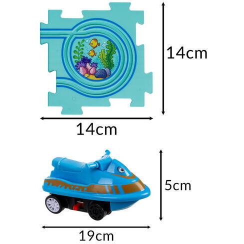 Set 25 piese cu masinuta, traseu puzzle racer, jucarie interactiva cu desene din mare, semne de circulatie si combinatii multiple