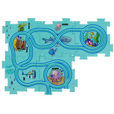 Set 25 piese cu masinuta, traseu puzzle racer, jucarie interactiva cu desene din mare, semne de circulatie si combinatii multiple