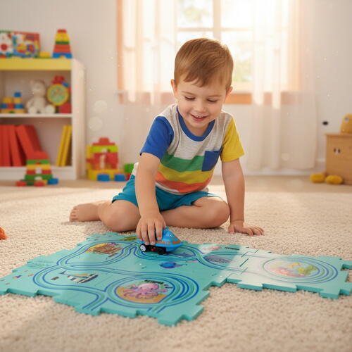 Set 25 piese cu masinuta, traseu puzzle racer, jucarie interactiva cu desene din mare, semne de circulatie si combinatii multiple