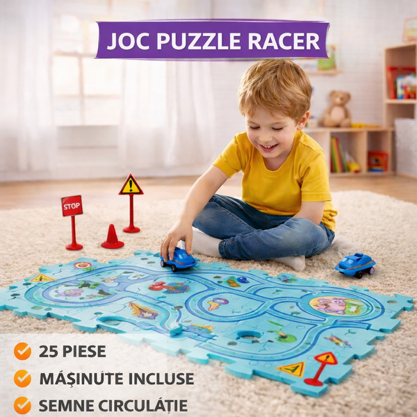 Set 25 piese cu masinuta, traseu puzzle racer, jucarie interactiva cu desene din mare, semne de circulatie si combinatii multiple