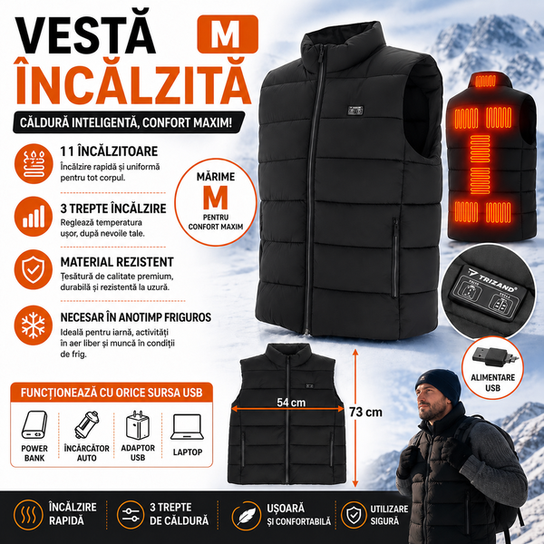 Vesta incalzita cu 3 setari de caldura, 11 incalzitoare si conexiune USB la baterie externa, Unisex, Marime M, Negru