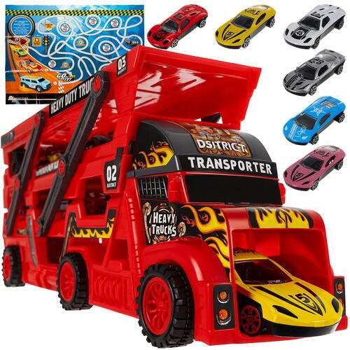 Set de joaca, Camion cu Masinute, Mega transportator de 6 masini, Echipament cu 3 platforme, 30x11.5x7 cm