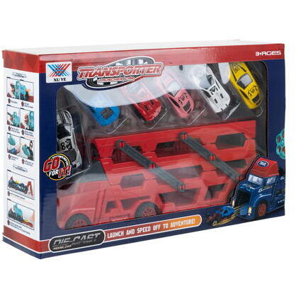 Set de joaca, Camion cu Masinute, Mega transportator de 6 masini, Echipament cu 3 platforme, 30x11.5x7 cm