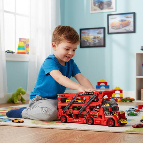 Set de joaca, Camion cu Masinute, Mega transportator de 6 masini, Echipament cu 3 platforme, 30x11.5x7 cm