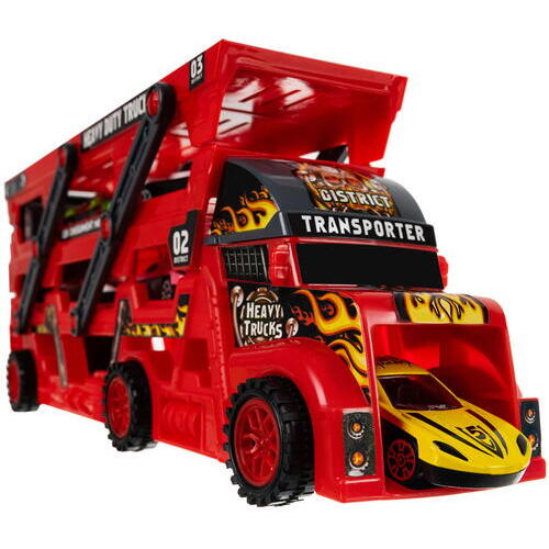 Set de joaca, Camion cu Masinute, Mega transportator de 6 masini, Echipament cu 3 platforme, 30x11.5x7 cm