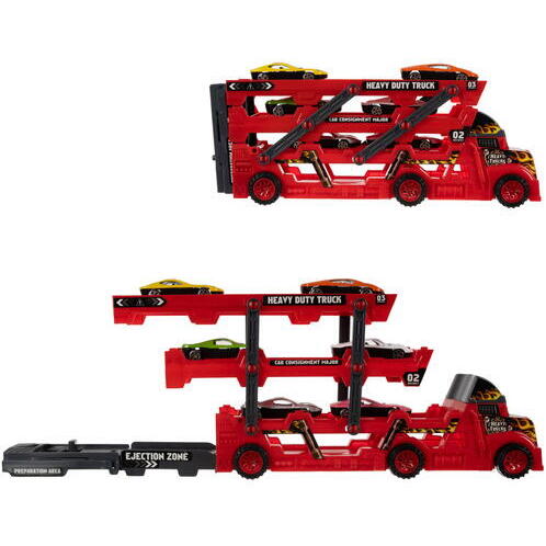 Set de joaca, Camion cu Masinute, Mega transportator de 6 masini, Echipament cu 3 platforme, 30x11.5x7 cm