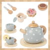 Set de ceai din lemn pentru copii cu accesorii, Montessori, 15 piese, Verde pastel