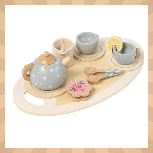 Set de ceai din lemn pentru copii cu accesorii, Montessori, 15 piese, Verde pastel