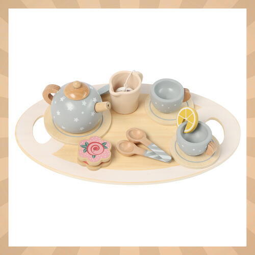 Set de ceai din lemn pentru copii cu accesorii, Montessori, 15 piese, Verde pastel