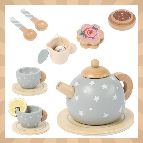 Set de ceai din lemn pentru copii cu accesorii, Montessori, 15 piese, Verde pastel