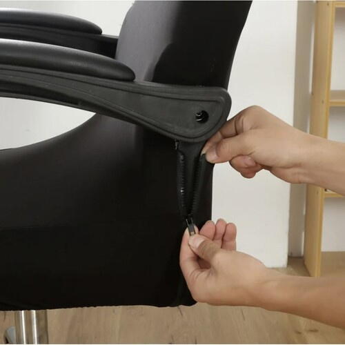 Husa universala pentru scaun de birou, banda elastica si fermoar pentru fixare, neagra, poliester, inaltime maxima a spatarului cu sezutul 80 cm, 40 x 45 x 9 cm
