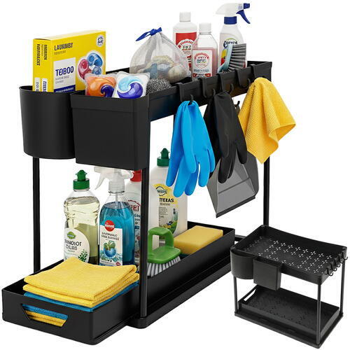 Raft organizator pentru sub chiuveta, 2 niveluri, extensibil, 5 cârlige, negru, 40x21.5x37.5cm