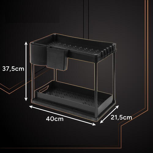 Raft organizator pentru sub chiuveta, 2 niveluri, extensibil, 5 cârlige, negru, 40x21.5x37.5cm