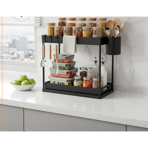 Raft organizator pentru sub chiuveta, 2 niveluri, extensibil, 5 cârlige, negru, 40x21.5x37.5cm