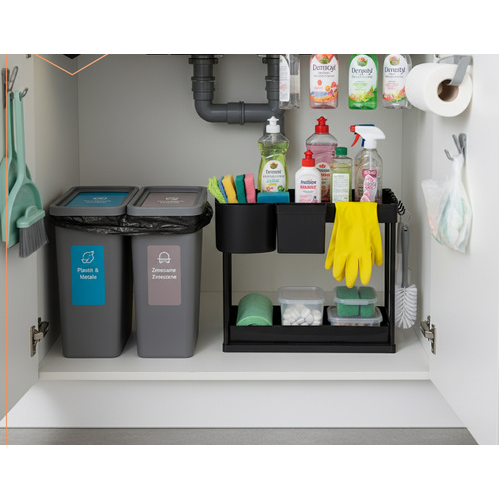 Raft organizator pentru sub chiuveta, 2 niveluri, extensibil, 5 cârlige, negru, 40x21.5x37.5cm
