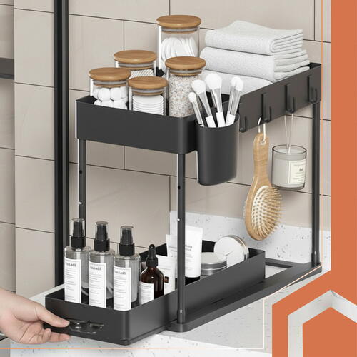Raft organizator pentru sub chiuveta, 2 niveluri, extensibil, 5 cârlige, negru, 40x21.5x37.5cm