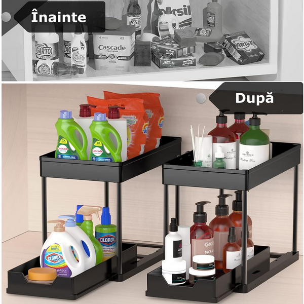 Raft organizator pentru sub chiuveta, 2 niveluri, extensibil, 5 cârlige, negru, 40x21.5x37.5cm