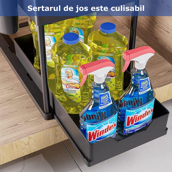 Raft organizator pentru sub chiuveta, 2 niveluri, extensibil, 5 cârlige, negru, 40x21.5x37.5cm