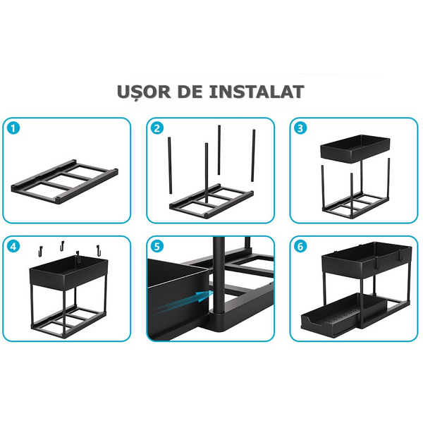 Raft organizator pentru sub chiuveta, 2 niveluri, extensibil, 5 cârlige, negru, 40x21.5x37.5cm