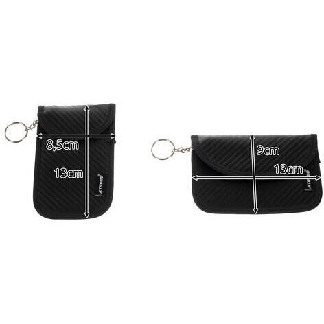Set 2 husa protectie antifurt pentru chei si carduri, Cu carabiniera, Inchidere velcro, Neagra, Blocarea undelor radio 10 - 30 kHz, 9 x 13/ 8.5 x 13 cm