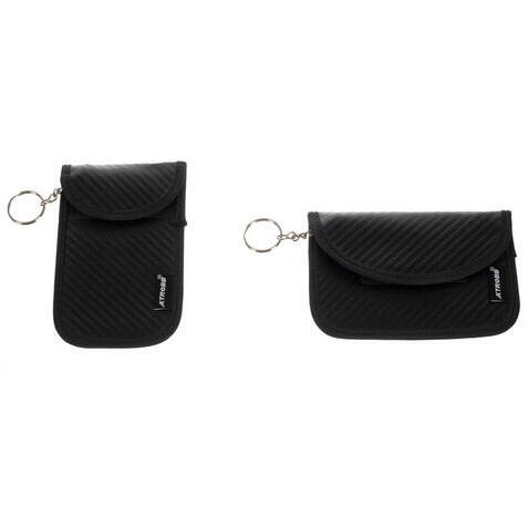 Set 2 husa protectie antifurt pentru chei si carduri, Cu carabiniera, Inchidere velcro, Neagra, Blocarea undelor radio 10 - 30 kHz, 9 x 13/ 8.5 x 13 cm