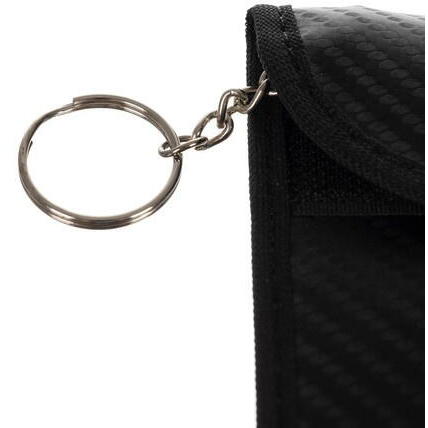 Set 2 husa protectie antifurt pentru chei si carduri, Cu carabiniera, Inchidere velcro, Neagra, Blocarea undelor radio 10 - 30 kHz, 9 x 13/ 8.5 x 13 cm