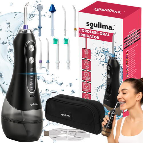 Irigator bucal profesional portabil, 5 moduri, 8 duze, 300 ml, 2500 mAh, IPX7, pentru dinti, gingii, limba si nas, Negru