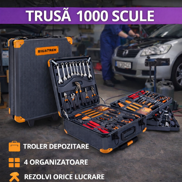 BIGSTREN Trusa de 1000 scule XXL tip troler, Otel Crom-Vanadiu, 4 Organizatoare Detasabile, Manere Antiderapante, Varfuri Magnetice, 50 x 37 x 20 cm