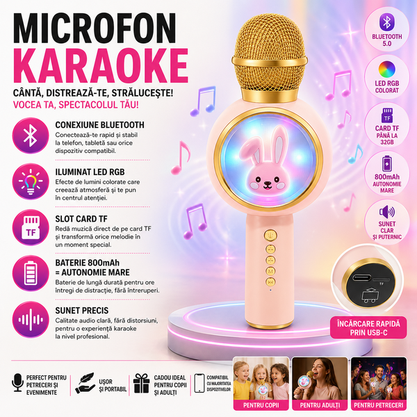 Microfon de karaoke pentru copii, Model Iepuras, Compatibil Bluetooth, Silentios, Fara fir, Roz