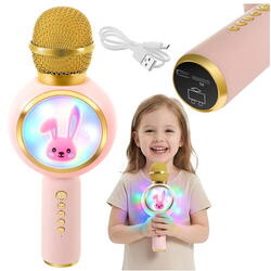 Microfon de karaoke pentru copii, Model Iepuras, Compatibil Bluetooth, Silentios, Fara fir, Roz