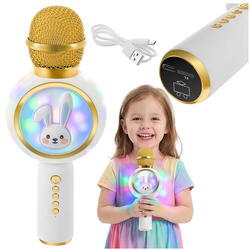Microfon de karaoke pentru copii, Model Iepuras, Compatibil Bluetooth, Silentios, Fara fir, Alb