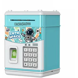 Pusculita pentru copii tip seif, Cod pin si amprenta, Muzica, Rulare automata a banilor, Cute Space, Bleu