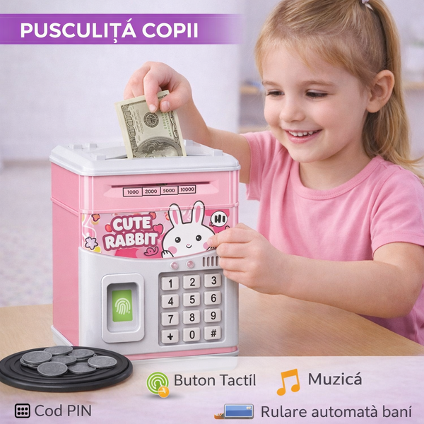 Pusculita pentru copii tip seif, Cod pin si amprenta, Muzica, Rulare automata a banilor, Cute Rabbit, Roz