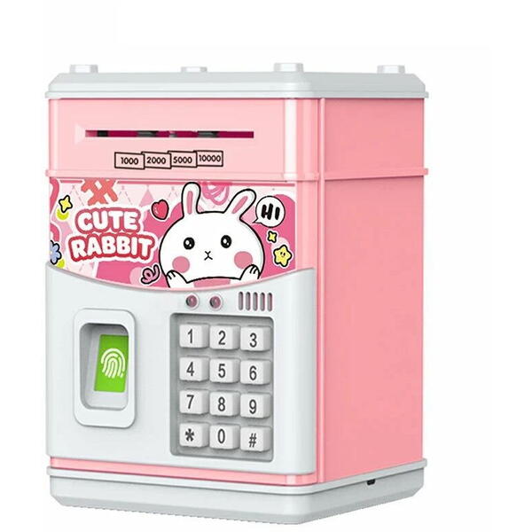 Pusculita pentru copii tip seif, Cod pin si amprenta, Muzica, Rulare automata a banilor, Cute Rabbit, Roz