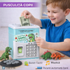 Pusculita pentru copii tip seif, Cod pin si amprenta, Muzica, Rulare automata a banilor, Dinosaurs, Bleu