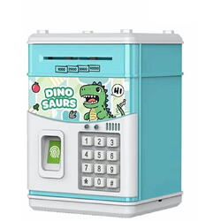 Pusculita pentru copii tip seif, Cod pin si amprenta, Muzica, Rulare automata a banilor, Dinosaurs, Bleu