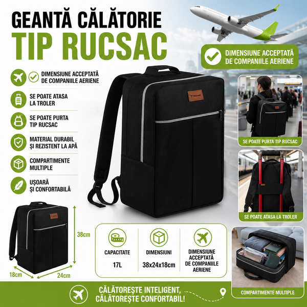 TRIZAND Rucsac, Geanta de calatorie, 17L, 38x24x18cm, Trusa Cosmetice Inclusa, Negru
