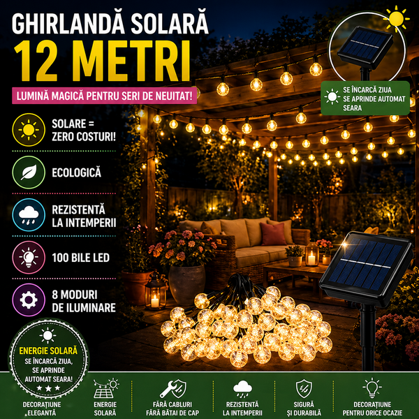 Ghirlandă solară de 12 m, 100 Bile, IP65