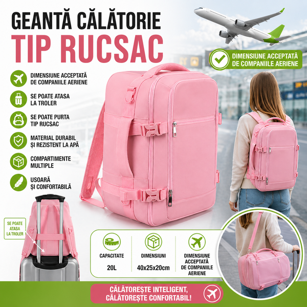 TRIZAND Rucsac de calatorie tip Geanta, 20L, 40x25x20cm, 2 Compartimente, Roz