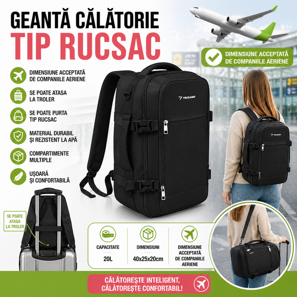TRIZAND Rucsac de calatorie tip Geanta, 20L, 40x25x20cm, 2 Compartimente, Negru