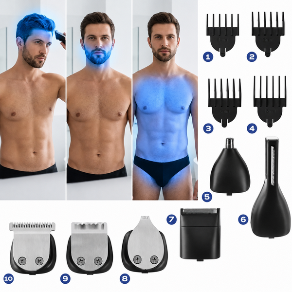 Masina de Tuns Barba si Parul 10 in 1, RapidCut, Autonomie 90 min, Nas, Urechi, Suport, Acumulator