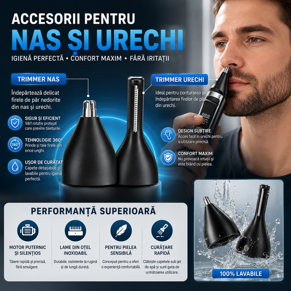 Masina de Tuns Barba si Parul 10 in 1, RapidCut, Autonomie 90 min, Nas, Urechi, Suport, Acumulator
