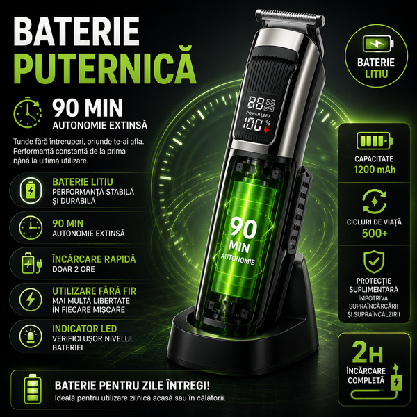 Masina de Tuns Barba si Parul 10 in 1, RapidCut, Autonomie 90 min, Nas, Urechi, Suport, Acumulator