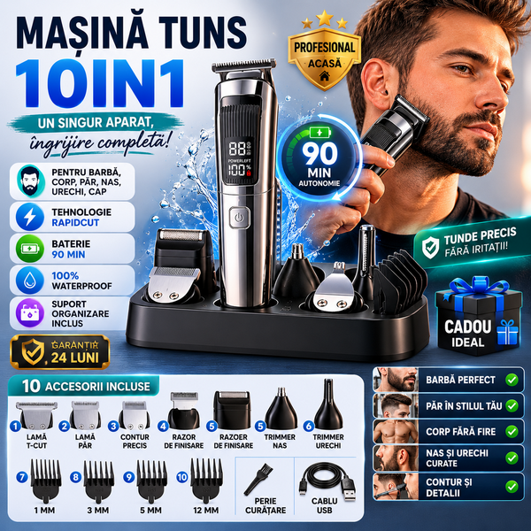 Masina de Tuns Barba si Parul 10 in 1, RapidCut, Autonomie 90 min, Nas, Urechi, Suport, Acumulator