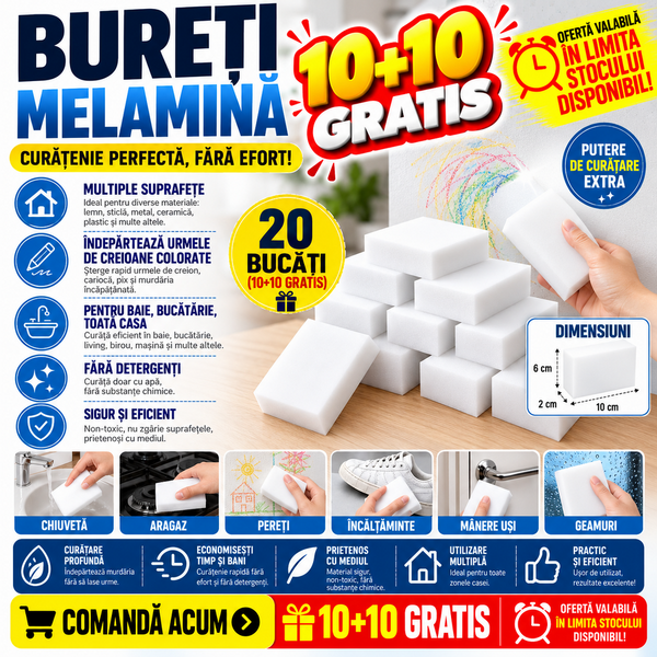 10+10 GRATIS Bureti magici melamina -  2x6x10cm, Alb